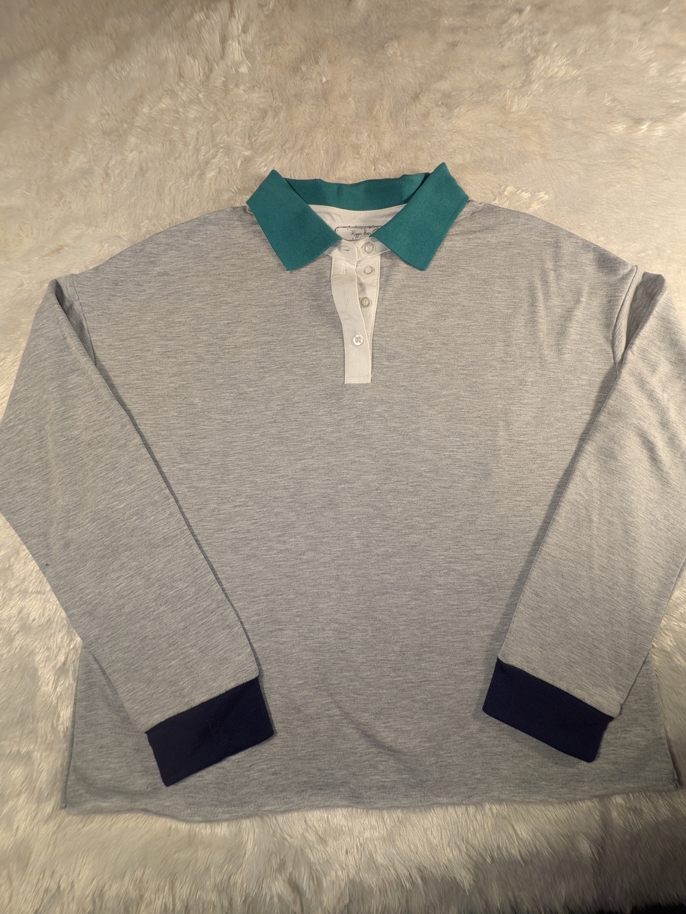Hippie Rose Light Gray Long-Sleeve Polo with Teal Collar and Navy Cuffs